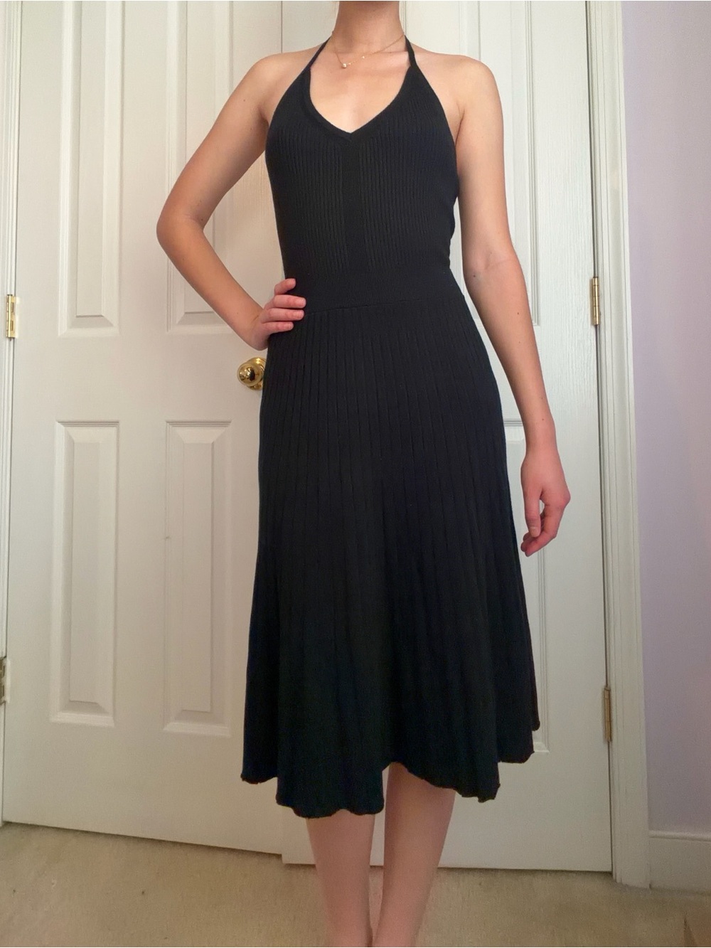 Black Ribbed Halter Midi Dress